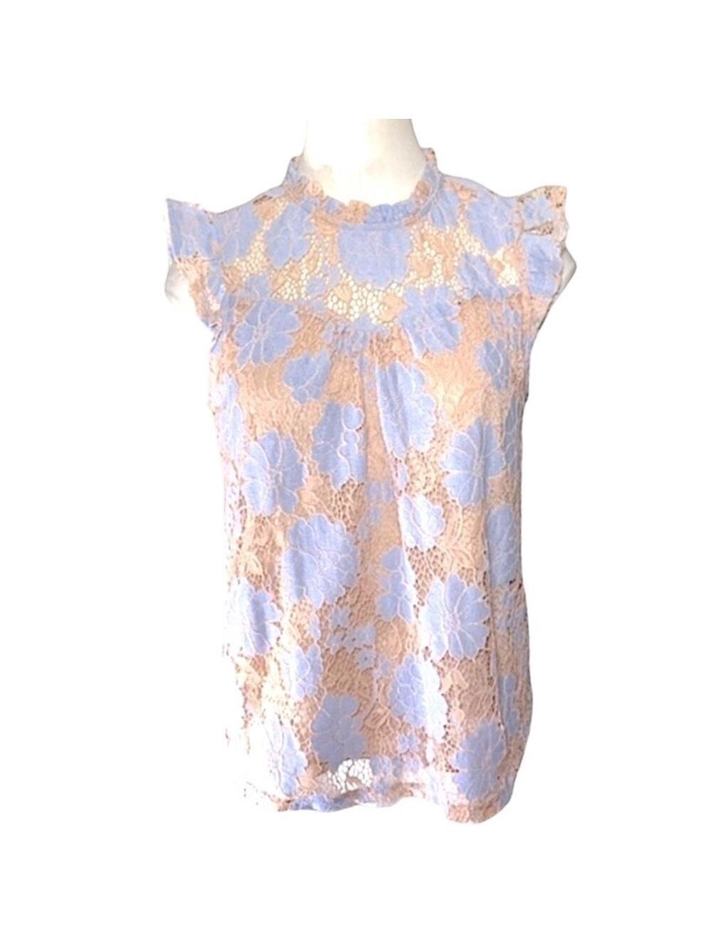 𝅺monteau Feminin Blue Floral Crochet Lace Top XS Baby Doll Cap Ruffle Sleeves